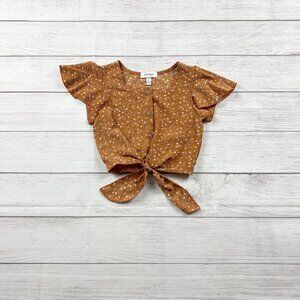Speechless Girls Tie Front Top Brown Floral Button Front Flutter Sleeve Blouse 7